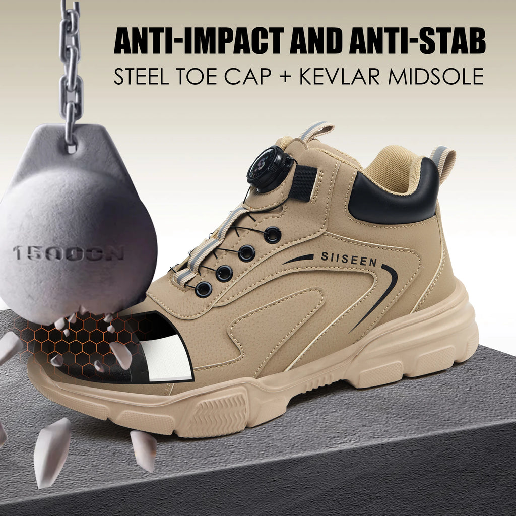 Safety shoes for men, anti-smashing steel toe, anti-puncture Kevlar, button-up mid-top men's work boots, industrial safety boots