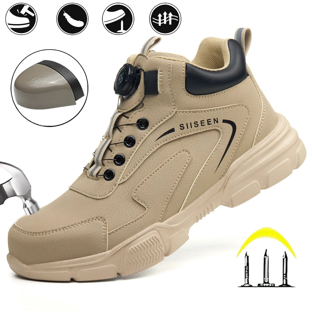 Safety shoes for men, anti-smashing steel toe, anti-puncture Kevlar, button-up mid-top men's work boots, industrial safety boots