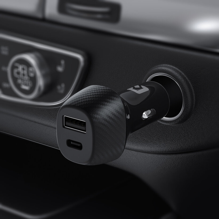 Dual Port Fast Car Charger 36W + USB-C to Lightning Cable – UNIQ Accessory Black