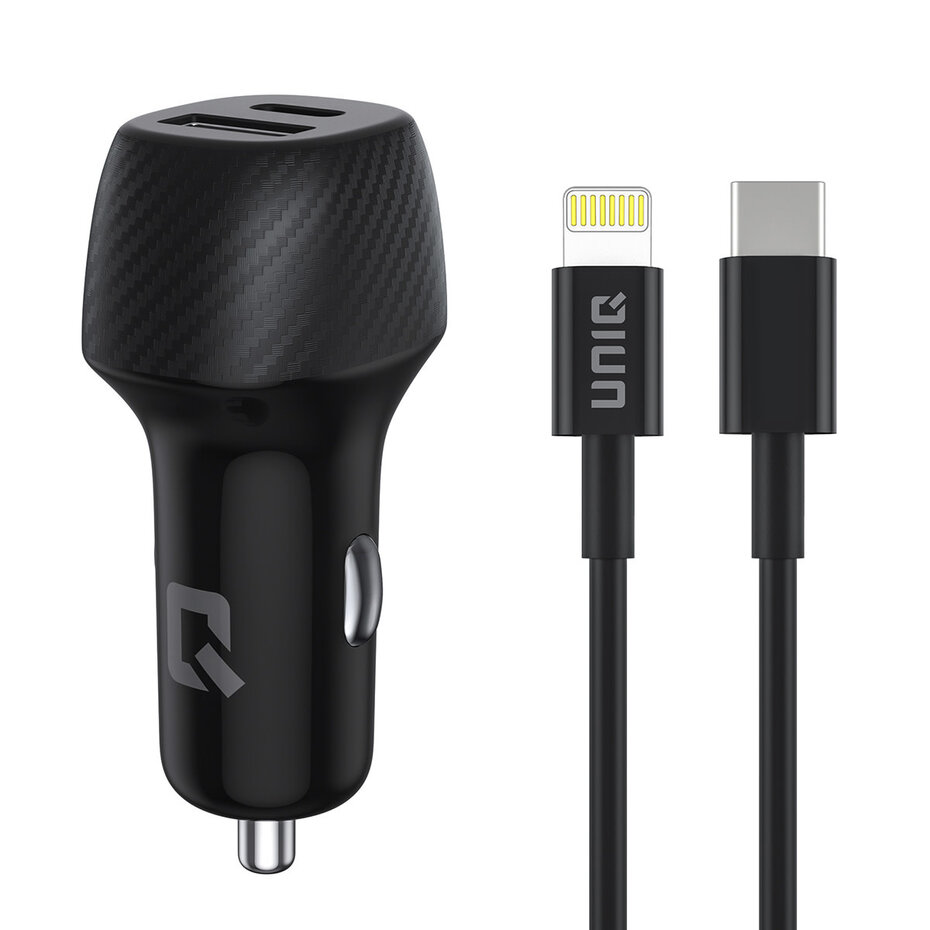 Dual Port Fast Car Charger 36W + USB-C to Lightning Cable – UNIQ Accessory Black