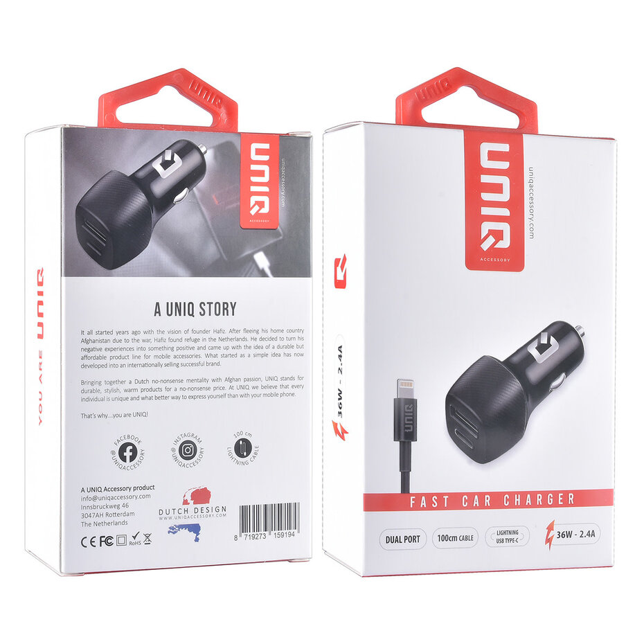 Dual Port Fast Car Charger 36W + USB-C to Lightning Cable – UNIQ Accessory Black