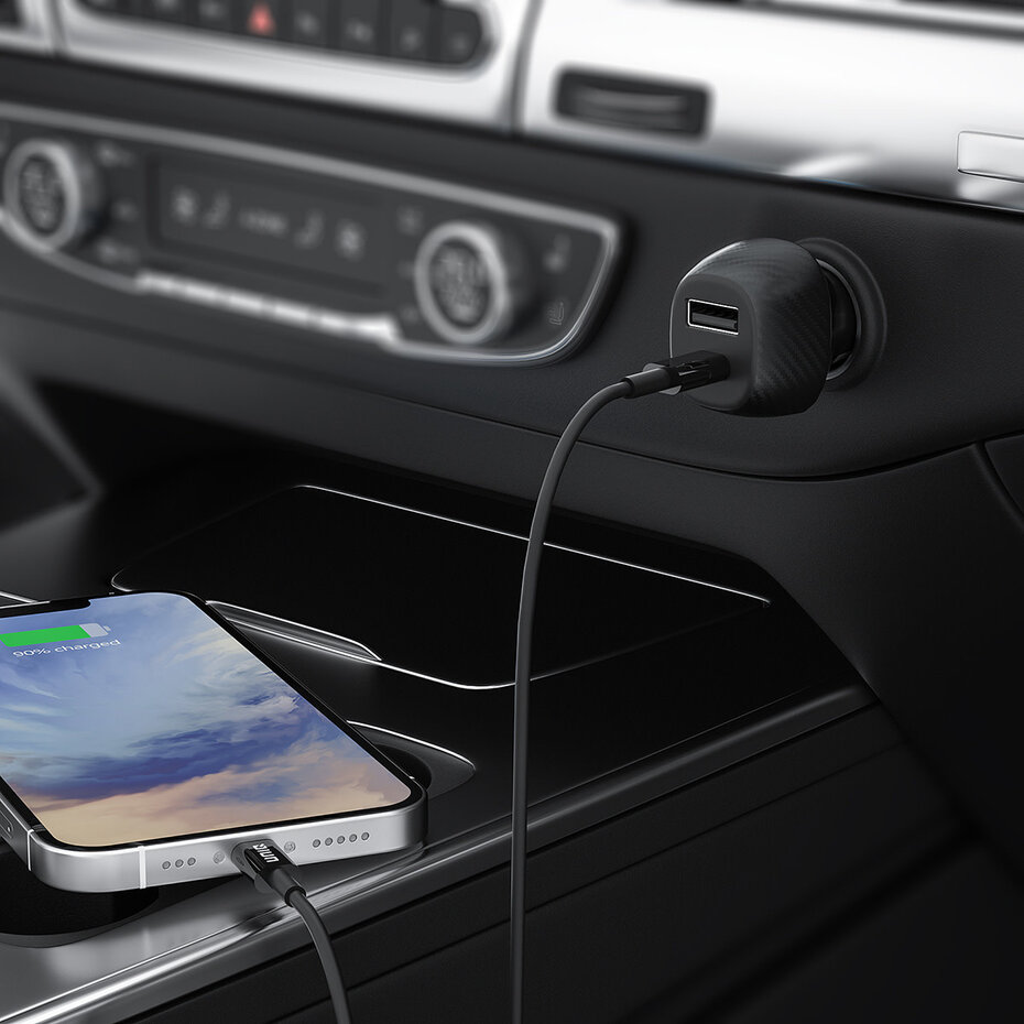 Dual Port Fast Car Charger 36W + USB-C to Lightning Cable – UNIQ Accessory Black
